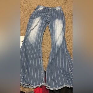 Striped Flare Jeans with Frayed Hem